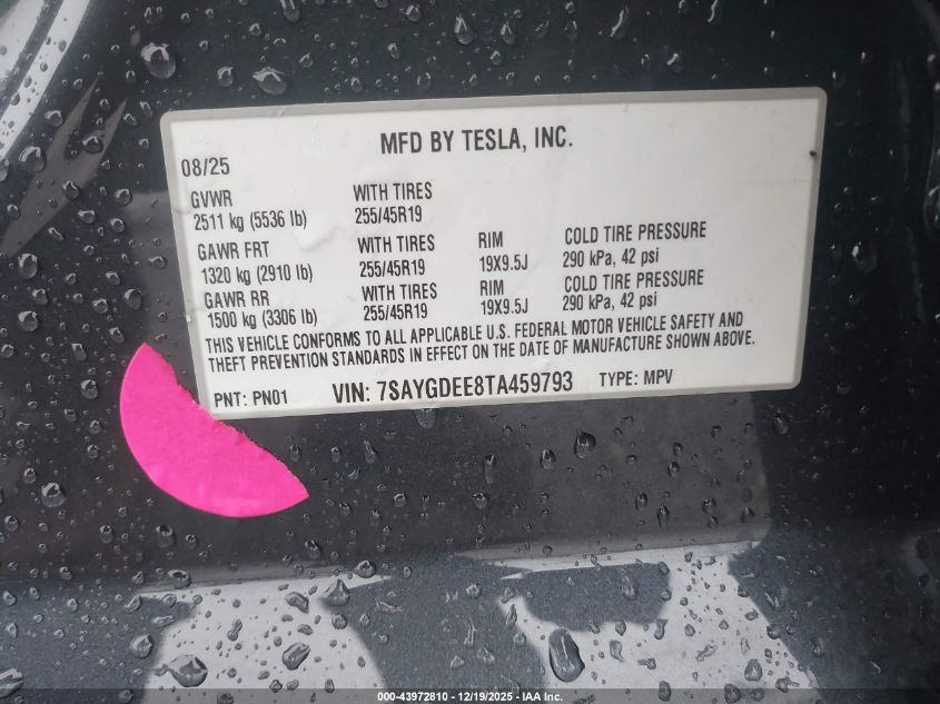 2026 Tesla Model Y Long Range Launch Series/Premium All-Wheel Drive VIN: 7SAYGDEE8TA459793 Lot: 43972810