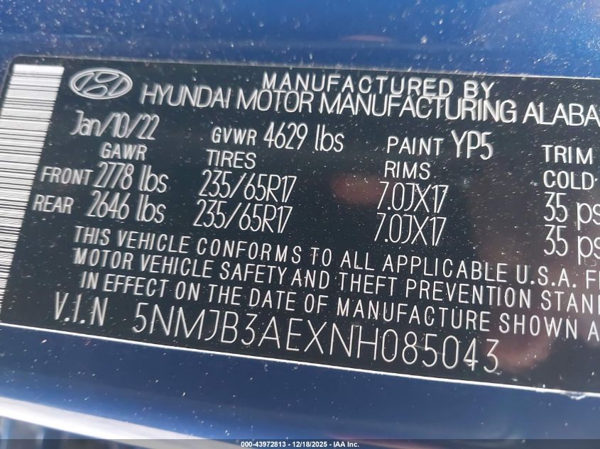 2022 Hyundai Tucson Sel VIN: 5NMJB3AEXNH085043 Lot: 43972813