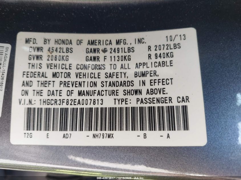 2014 Honda Accord Ex-L V-6 VIN: 1HGCR3F82EA007813 Lot: 43972817