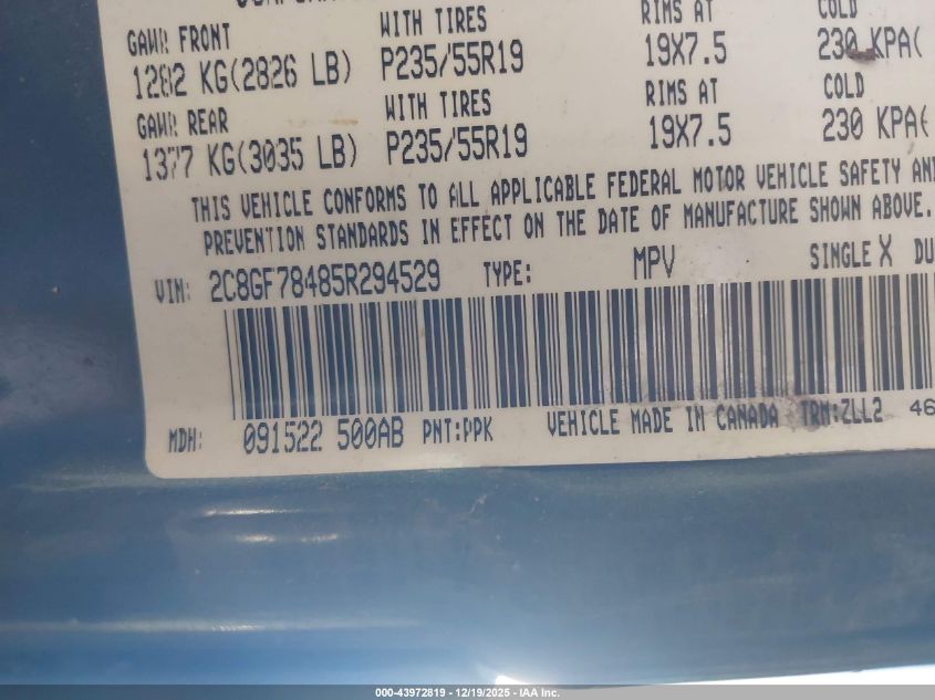 2005 Chrysler Pacifica Limited VIN: 2C8GF78485R294529 Lot: 43972819