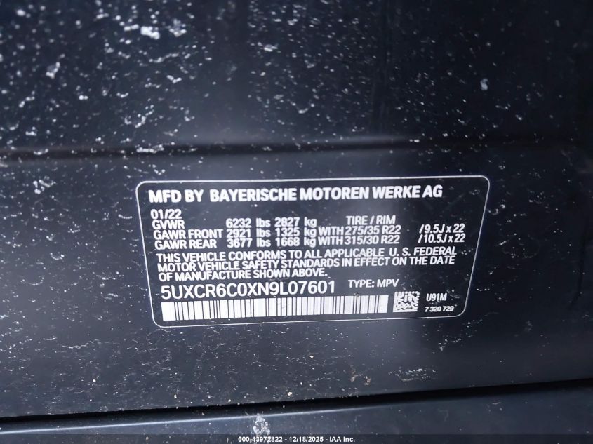 2022 BMW X5 xDrive40I VIN: 5UXCR6C0XN9L07601 Lot: 43972822