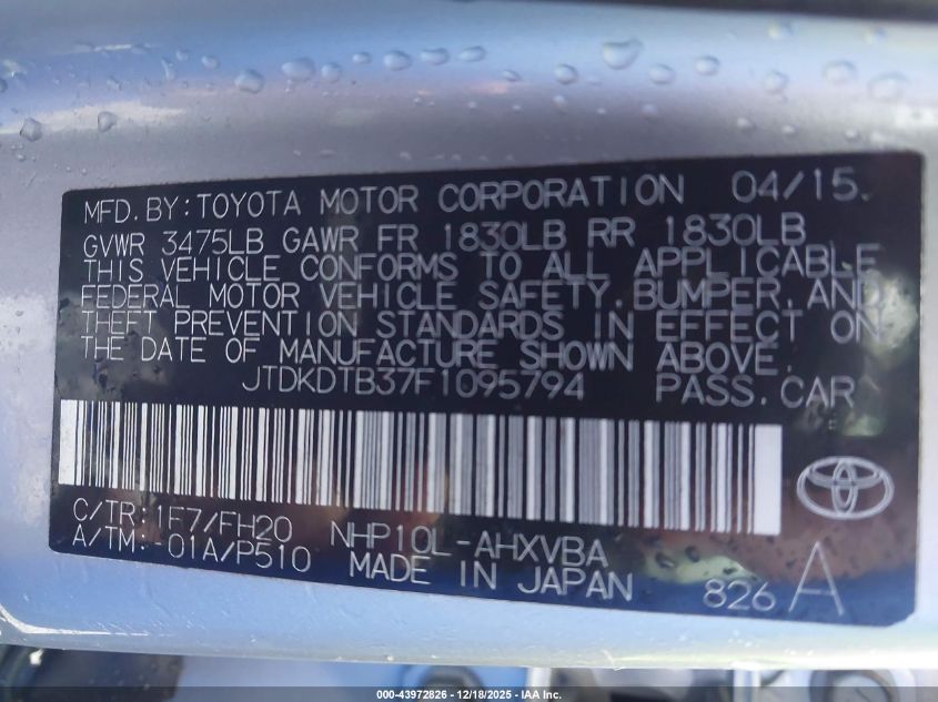 2015 Toyota Prius C One VIN: JTDKDTB37F1095794 Lot: 43972826