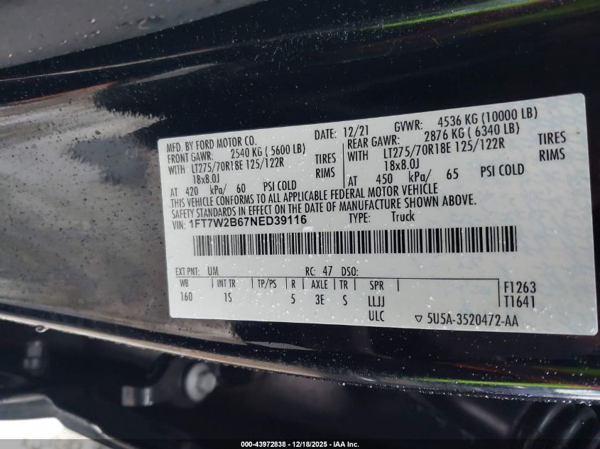 2022 Ford F-250 Xl VIN: 1FT7W2B67NED39116 Lot: 43972838