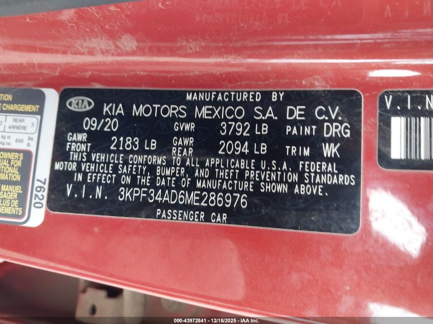 2021 Kia Forte Gt-Line VIN: 3KPF34AD6ME286976 Lot: 43972841