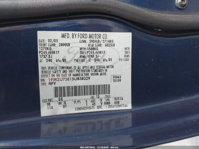 2005 Ford Explorer Xlt/Xlt Sport VIN: 1FMZU73E15UB38329 Lot: 43972842