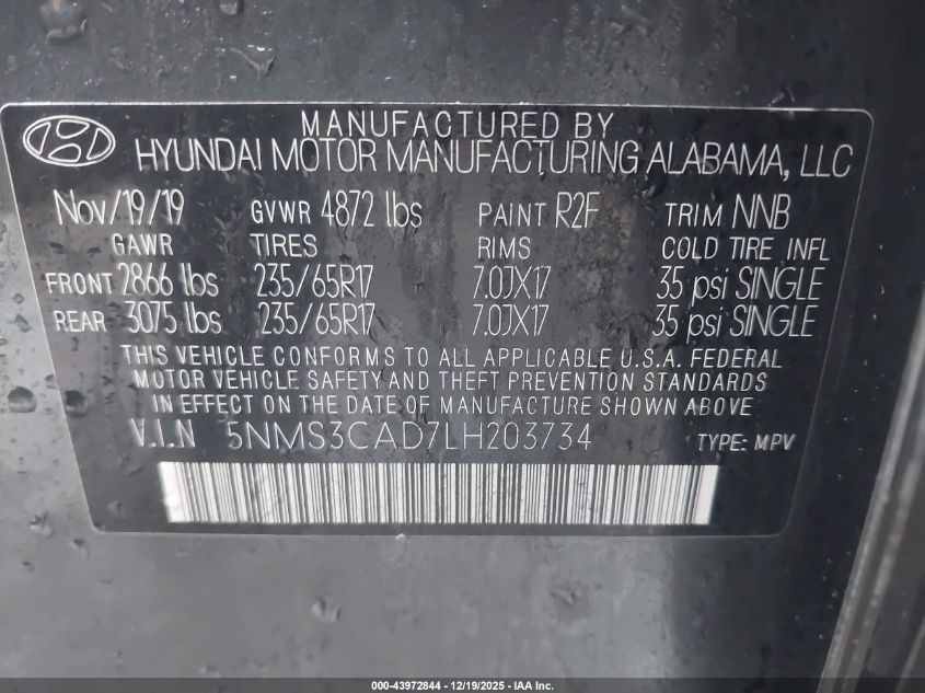 2020 Hyundai Santa Fe Sel VIN: 5NMS3CAD7LH203734 Lot: 43972844