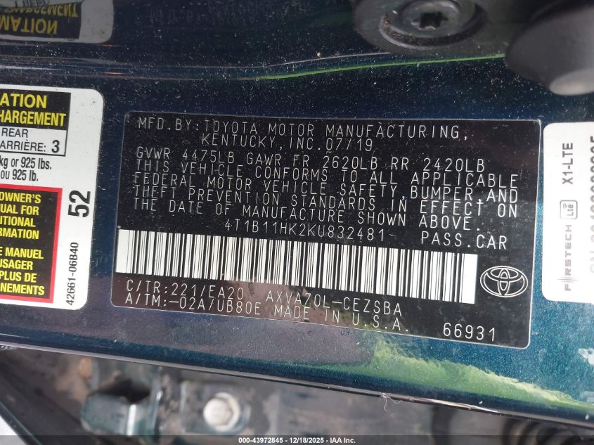 2019 Toyota Camry Se VIN: 4T1B11HK2KU832481 Lot: 43972845