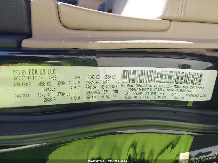 2016 Jeep Grand Cherokee Limited VIN: 1C4RJEBG1GC418605 Lot: 43972846