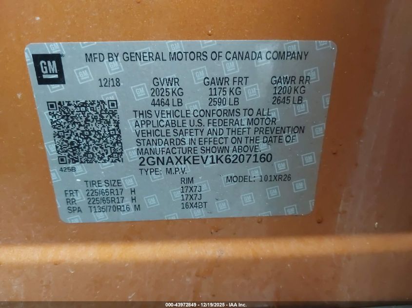 2019 Chevrolet Equinox Lt VIN: 2GNAXKEV1K6207160 Lot: 43972849