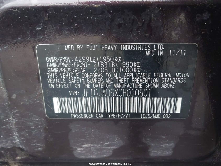 2012 Subaru Impreza 2.0I Premium VIN: JF1GJAD6XCH010501 Lot: 43972850