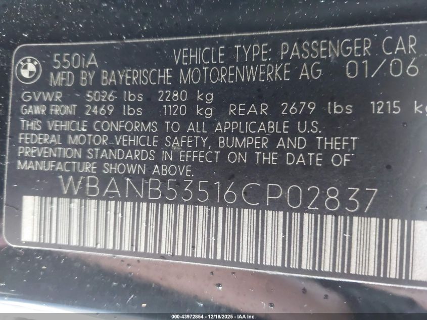2006 BMW 550I VIN: WBANB53516CP02837 Lot: 43972854