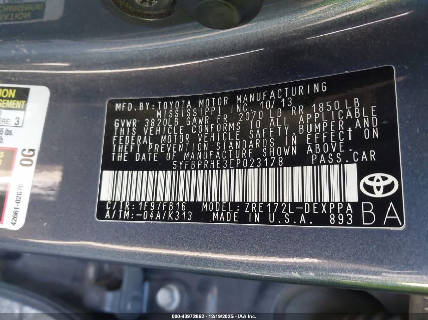 2014 Toyota Corolla Le Eco Plus VIN: 5YFBPRHE3EP023178 Lot: 43972862