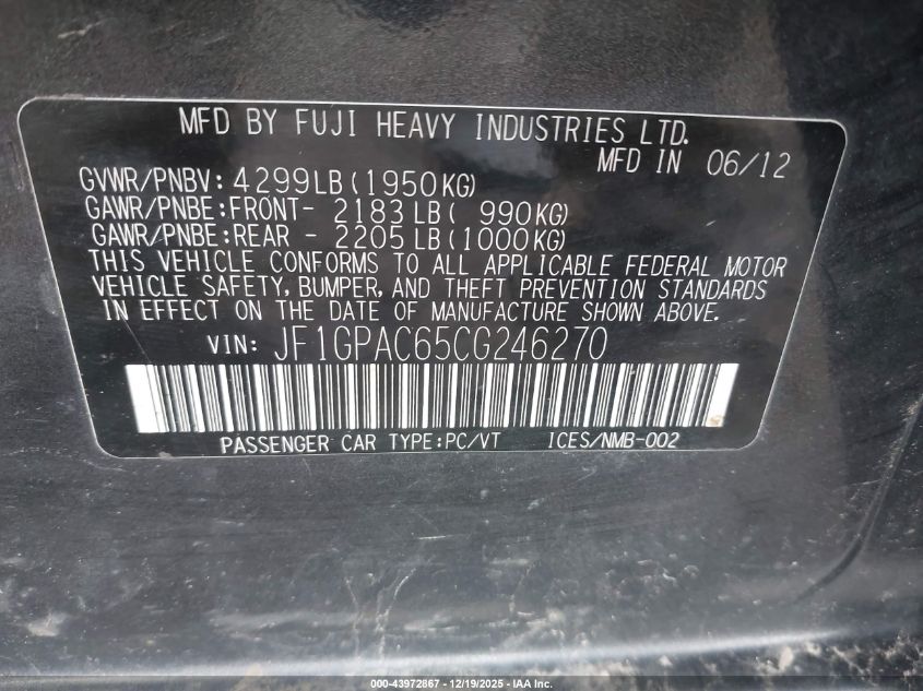 2012 Subaru Impreza 2.0I Premium VIN: JF1GPAC65CG246270 Lot: 43972867