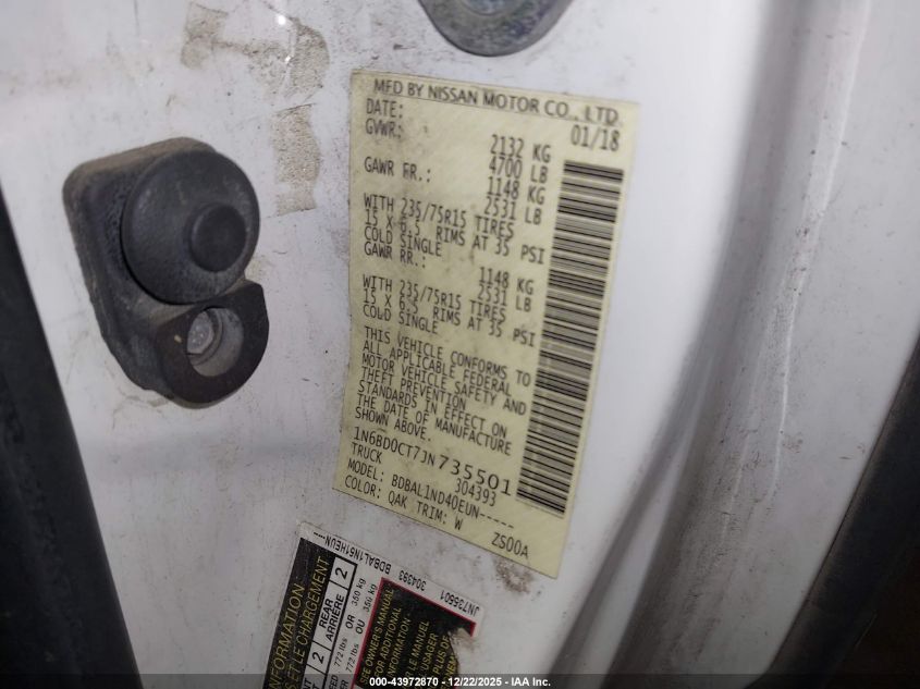 2018 Nissan Frontier S VIN: 1N6BD0CT7JN735501 Lot: 43972870