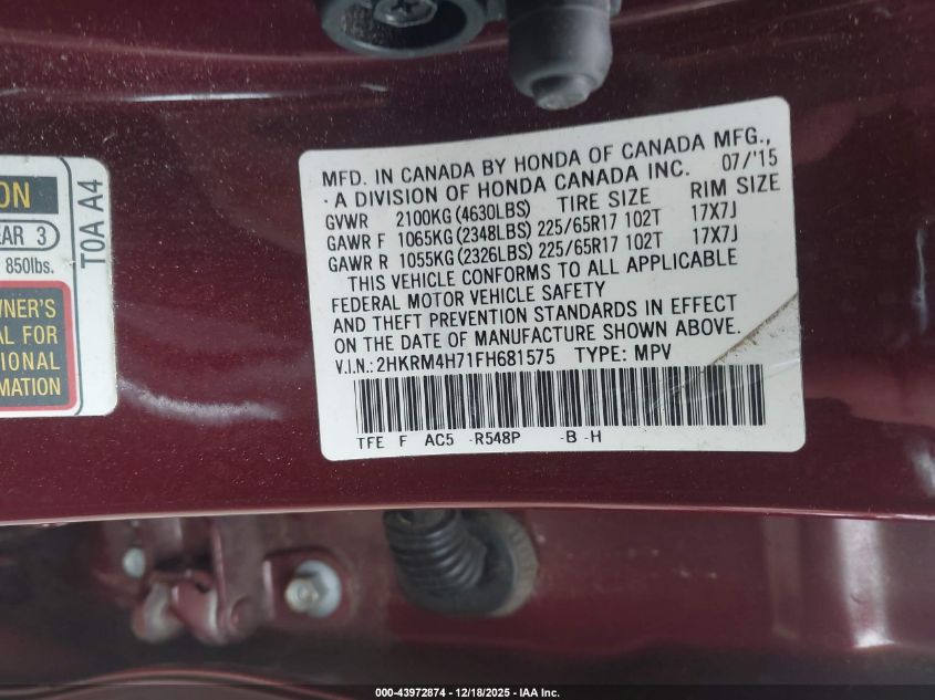 2015 Honda Cr-V Ex-L VIN: 2HKRM4H71FH681575 Lot: 43972874
