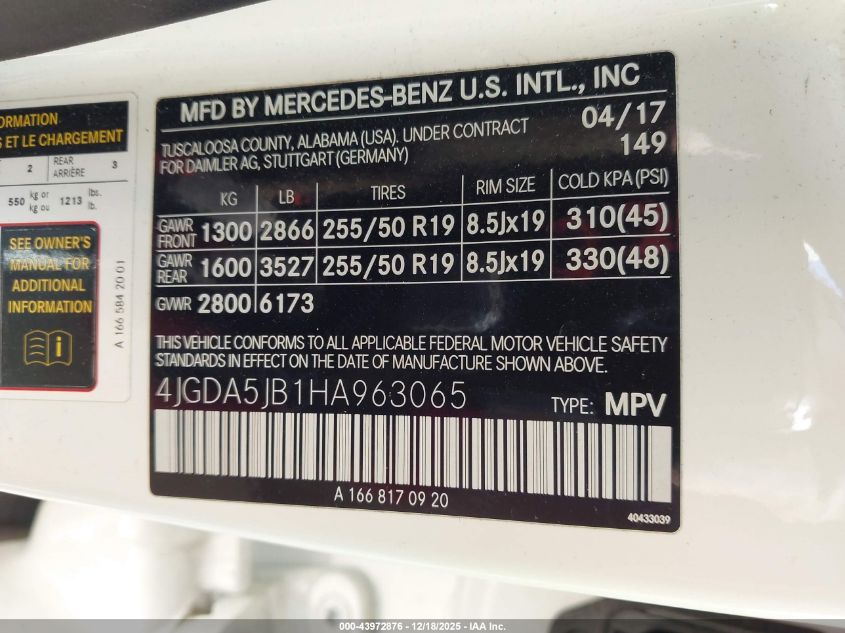 2017 Mercedes-Benz Gle 350 VIN: 4JGDA5JB1HA963065 Lot: 43972876