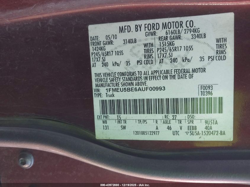 2010 Ford Explorer Sport Trac Xlt VIN: 1FMEU5BE6AUF00993 Lot: 43972880