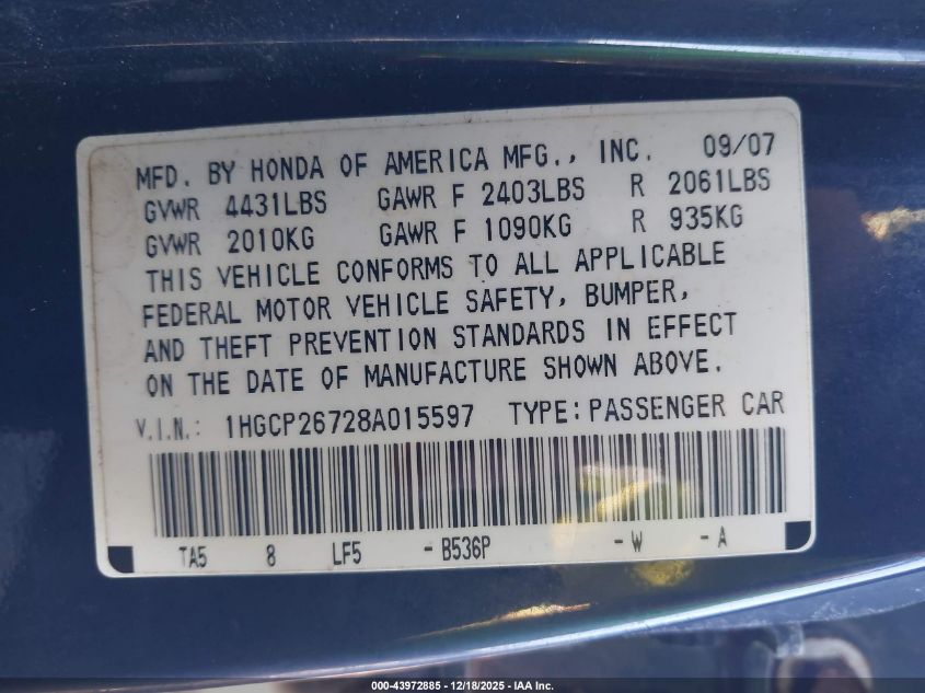 2008 Honda Accord 2.4 Ex VIN: 1HGCP26728A015597 Lot: 43972885