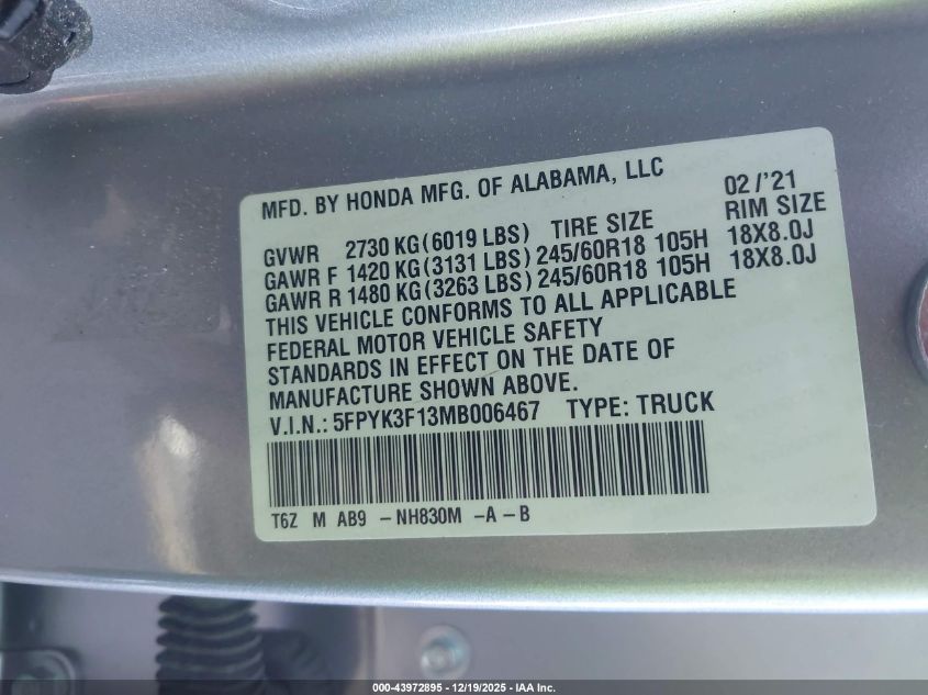 2021 Honda Ridgeline Awd Sport VIN: 5FPYK3F13MB006467 Lot: 43972895