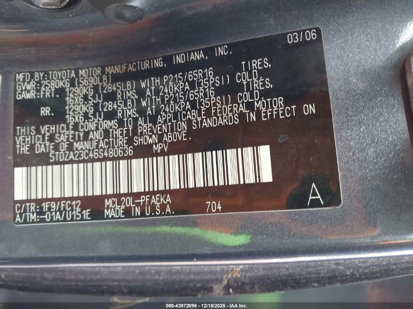 2006 Toyota Sienna Le VIN: 5TDZA23C46S480636 Lot: 43972896