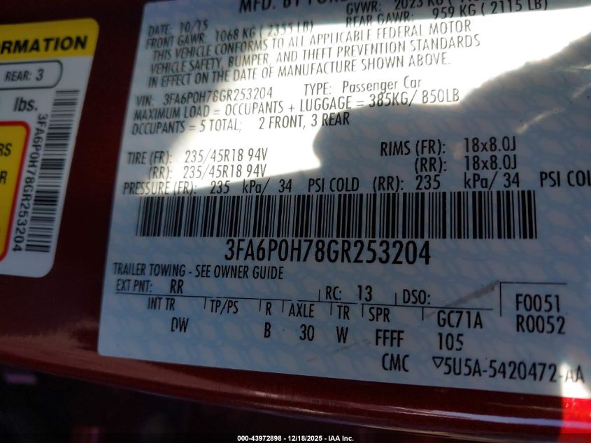 2016 Ford Fusion Se VIN: 3FA6P0H78GR253204 Lot: 43972898