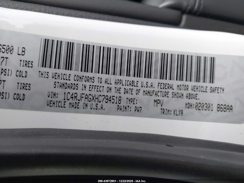 2017 Jeep Grand Cherokee Altitude 4X4 VIN: 1C4RJFAGXHC794518 Lot: 43972901