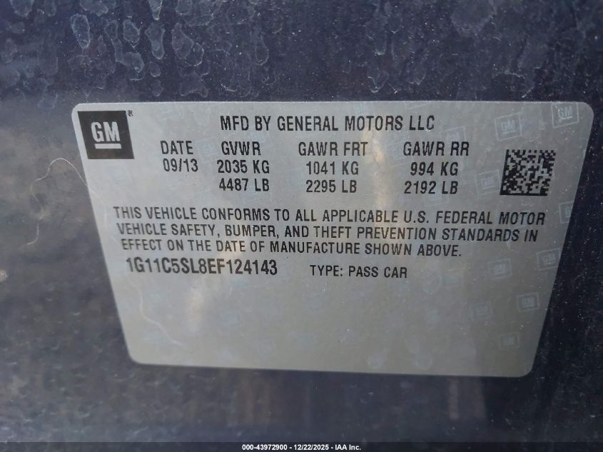 2014 Chevrolet Malibu 1Lt VIN: 1G11C5SL8EF124143 Lot: 43972900