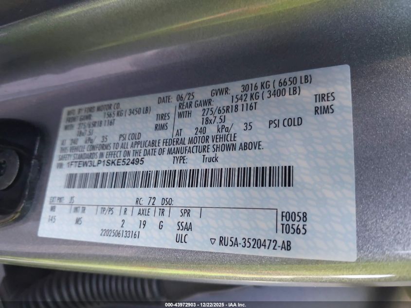 2025 Ford F-150 Xlt VIN: 1FTEW3LP1SKE52495 Lot: 43972903