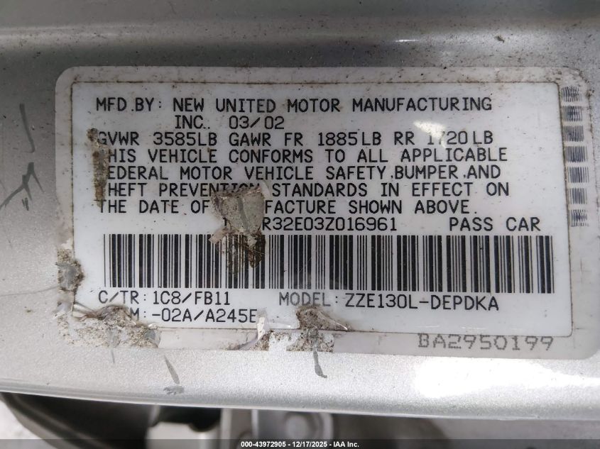 2003 Toyota Corolla Ce VIN: 1NXBR32E03Z016961 Lot: 43972905