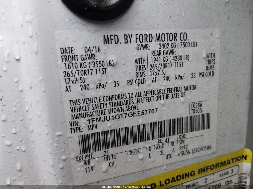 2016 Ford Expedition Xl VIN: 1FMJU1GT7GEF53767 Lot: 43972906