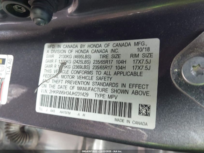 2018 Honda Cr-V Lx VIN: 2HKRW6H34JH231429 Lot: 43972912