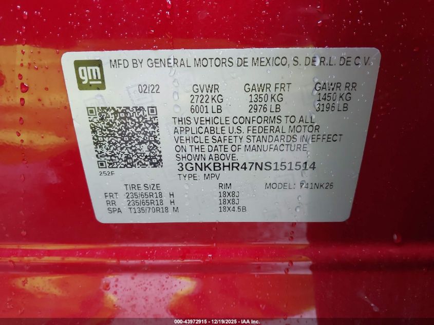 2022 Chevrolet Blazer Awd 2Lt VIN: 3GNKBHR47NS151514 Lot: 43972915