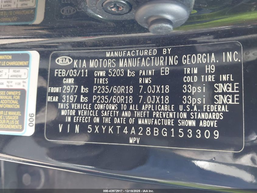 2011 Kia Sorento Lx V6 VIN: 5XYKT4A28BG153309 Lot: 43972917