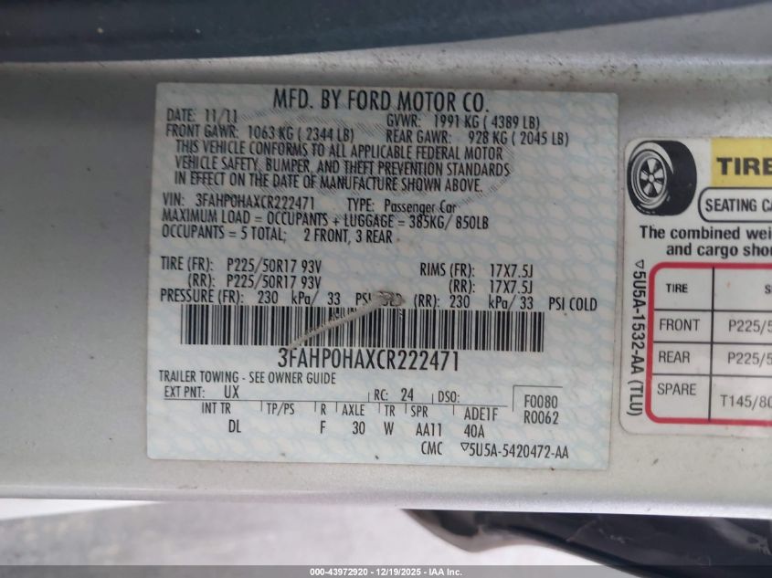 2012 Ford Fusion Se VIN: 3FAHP0HAXCR222471 Lot: 43972920