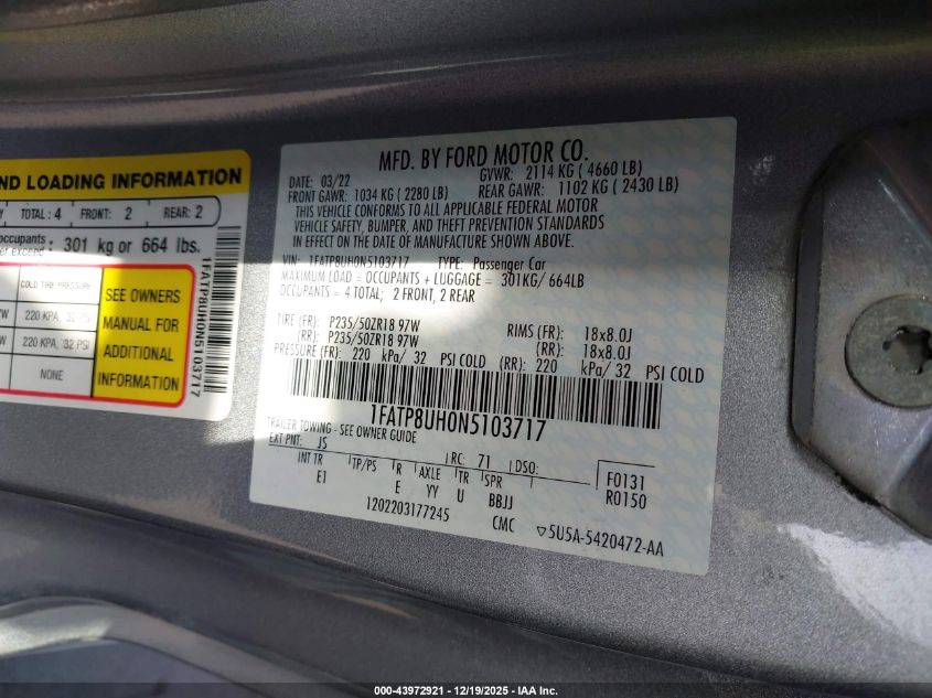 2022 Ford Mustang Ecoboost Premium VIN: 1FATP8UH0N5103717 Lot: 43972921