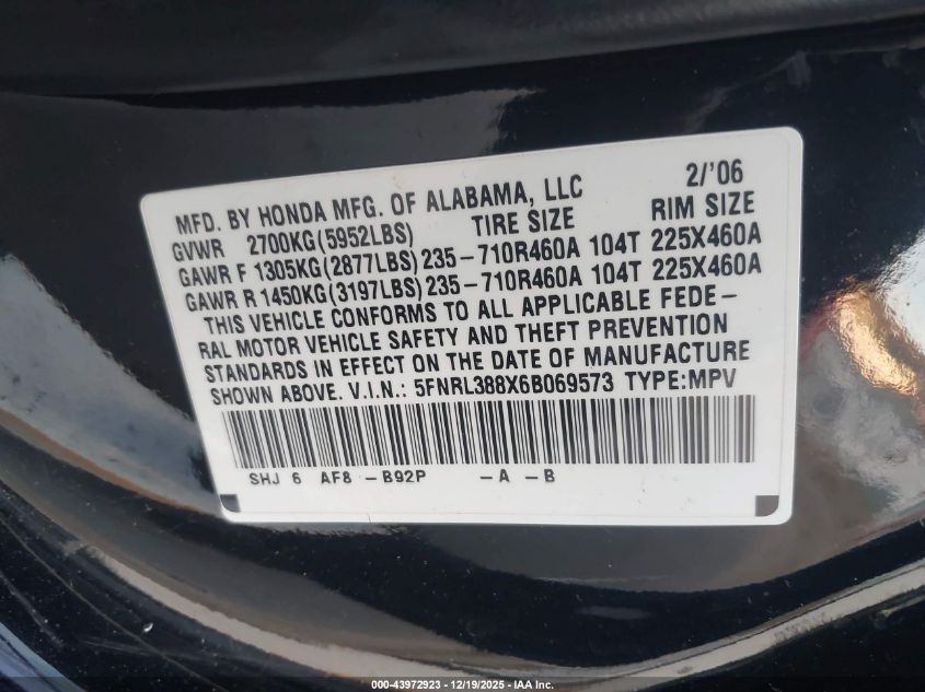 2006 Honda Odyssey Touring VIN: 5FNRL388X6B069573 Lot: 43972923