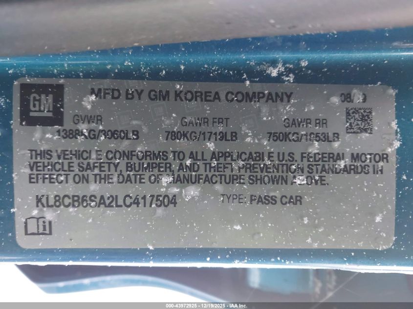 2020 Chevrolet Spark Fwd Ls Automatic VIN: KL8CB6SA2LC417504 Lot: 43972925