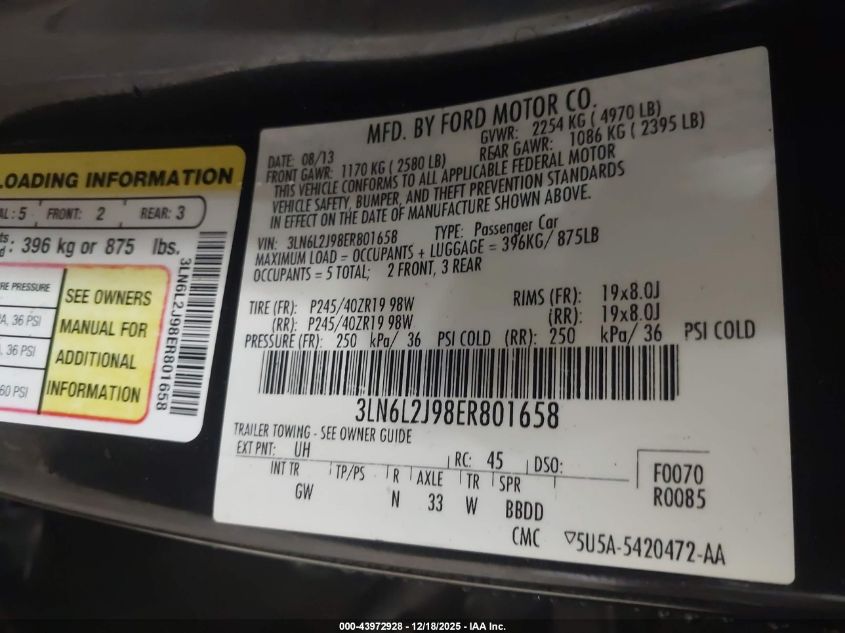 2014 Lincoln Mkz VIN: 3LN6L2J98ER801658 Lot: 43972928