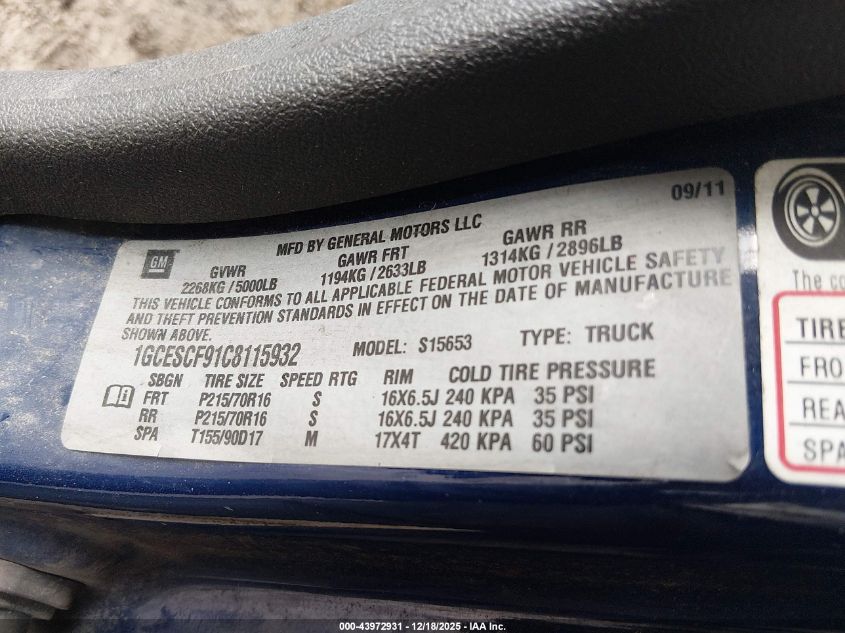 2012 Chevrolet Colorado 1Lt VIN: 1GCESCF91C8115932 Lot: 43972931