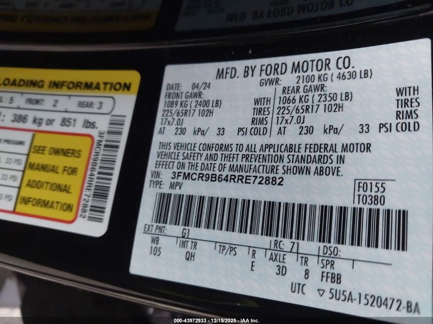 2024 Ford Bronco Sport Big Bend VIN: 3FMCR9B64RRE72882 Lot: 43972933