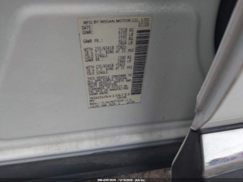 2020 Nissan Murano S Fwd VIN: 5N1AZ2AJ9LN156733 Lot: 43972938