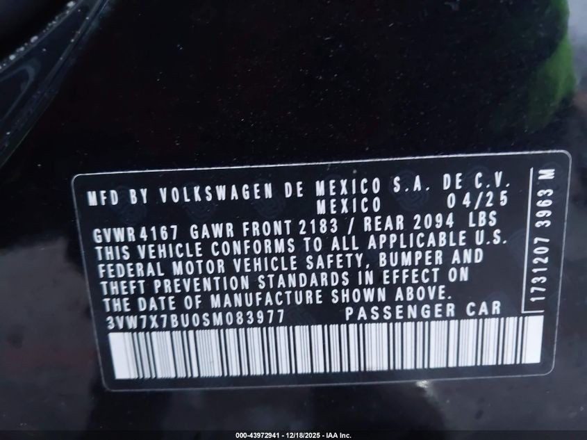 2025 Volkswagen Jetta 1.5T Se VIN: 3VW7X7BU0SM083977 Lot: 43972941