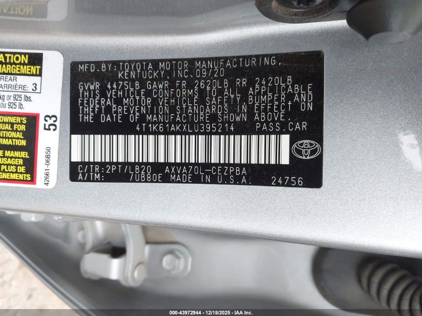 2020 Toyota Camry Xse VIN: 4T1K61AKXLU395214 Lot: 43972944