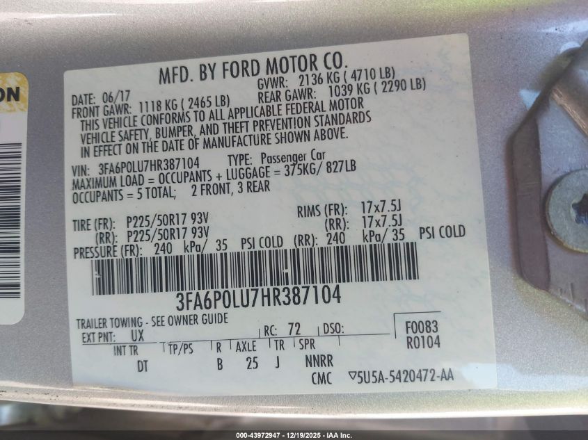 2017 Ford Fusion Hybrid Se VIN: 3FA6P0LU7HR387104 Lot: 43972947