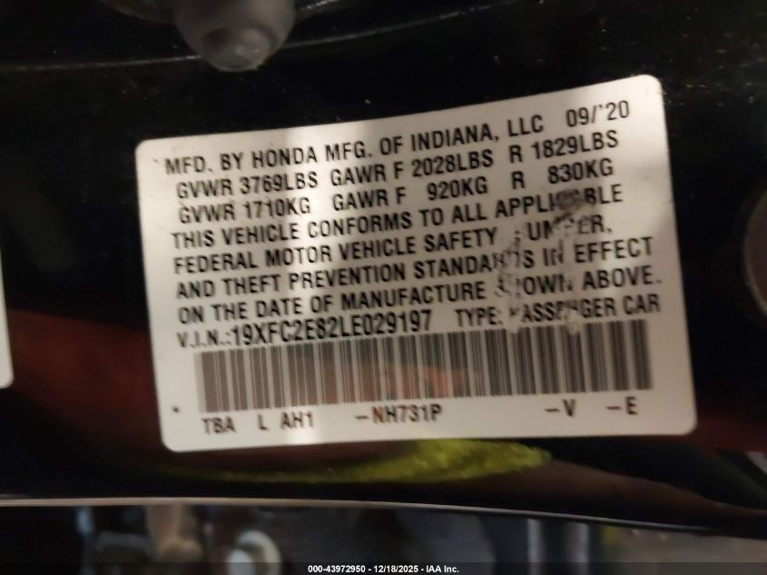 2020 Honda Civic Sport VIN: 19XFC2E82LE029197 Lot: 43972950