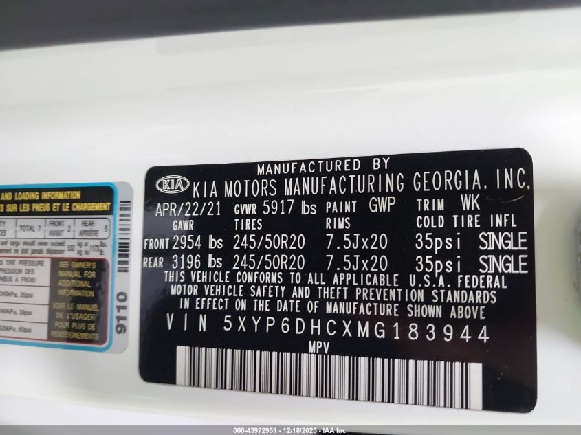 2021 Kia Telluride S VIN: 5XYP6DHCXMG183944 Lot: 43972951