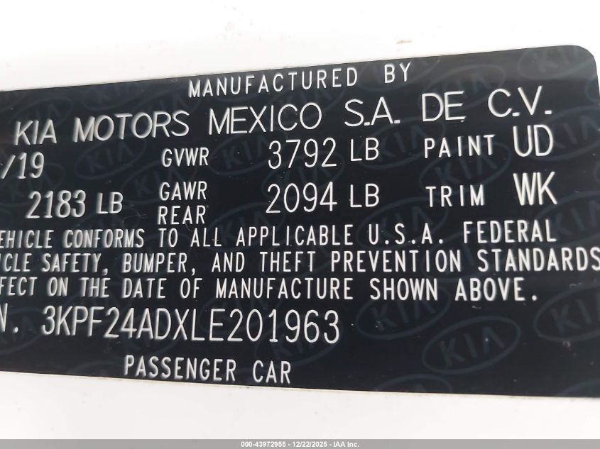 2020 Kia Forte Lxs VIN: 3KPF24ADXLE201963 Lot: 43972955