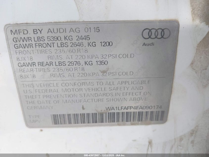 2015 Audi Q5 2.0T Premium VIN: WA1LFAFP4FA090174 Lot: 43972957