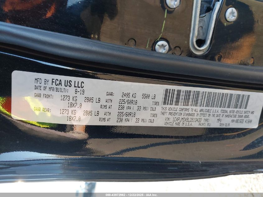 2020 Jeep Cherokee Limited 4X4 VIN: 1C4PJMDX9LD513433 Lot: 43972962