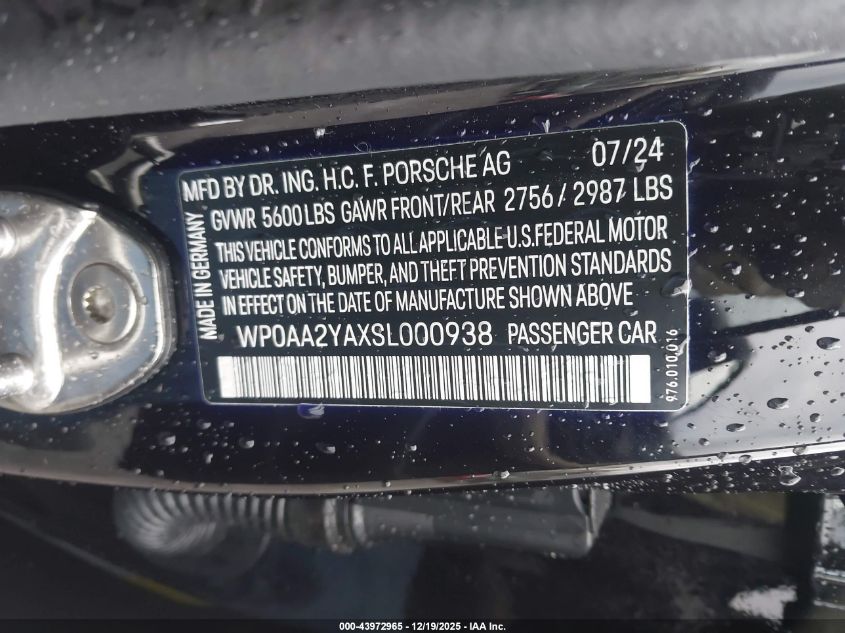 2025 Porsche Panamera 4 VIN: WP0AA2YAXSL000938 Lot: 43972965